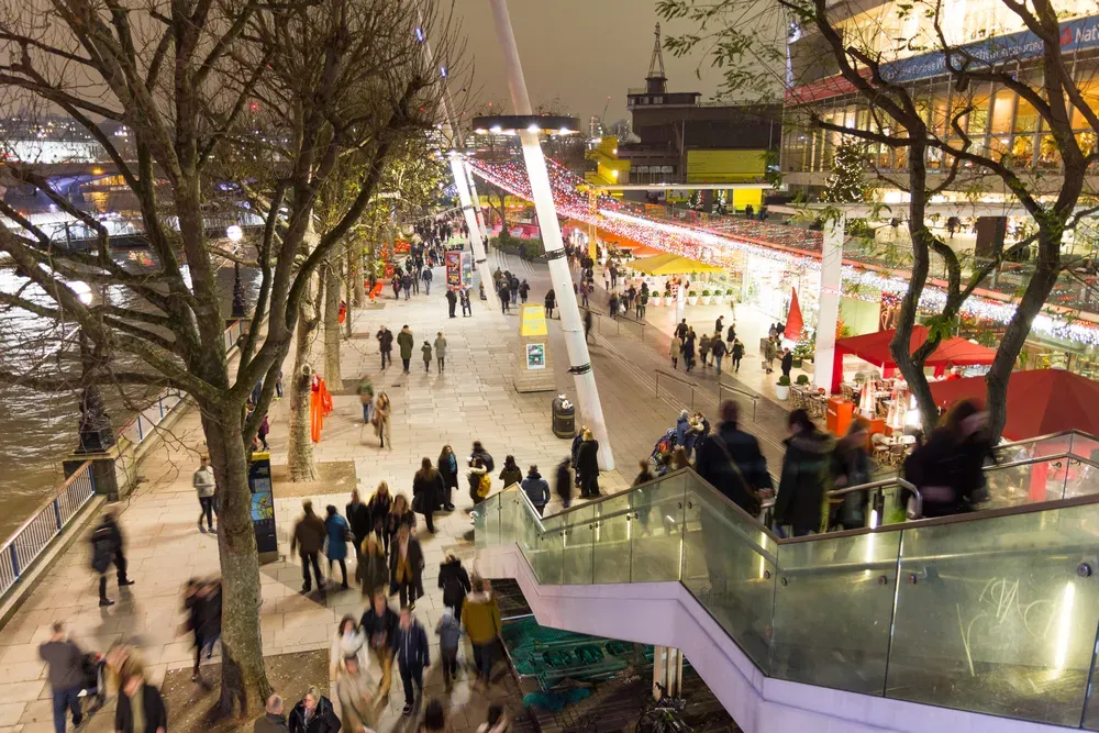 christmas market display in modern part of london